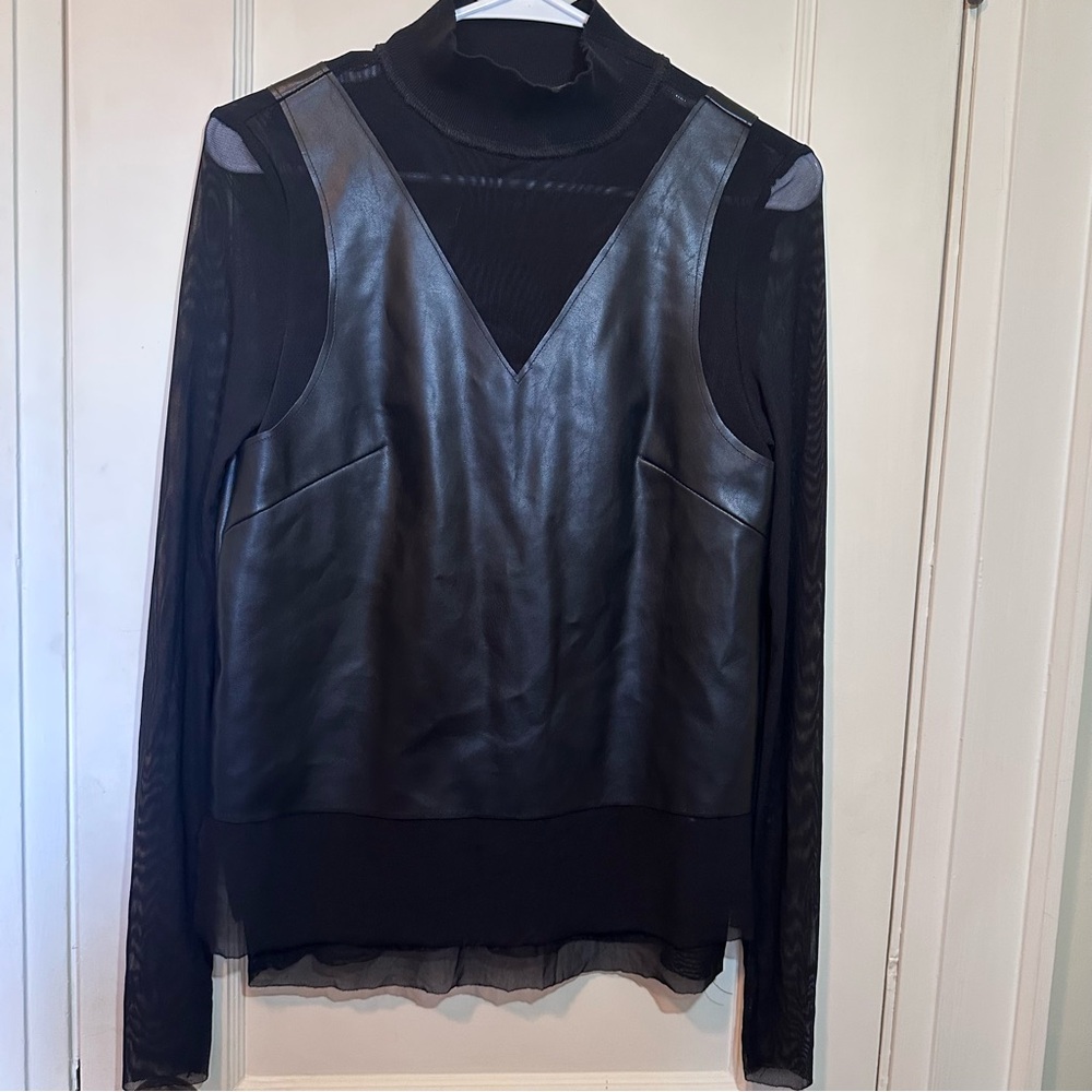 Gabby Isabella Mixed Media High Neck, Sheer & Faux Leather Pullover, Sample